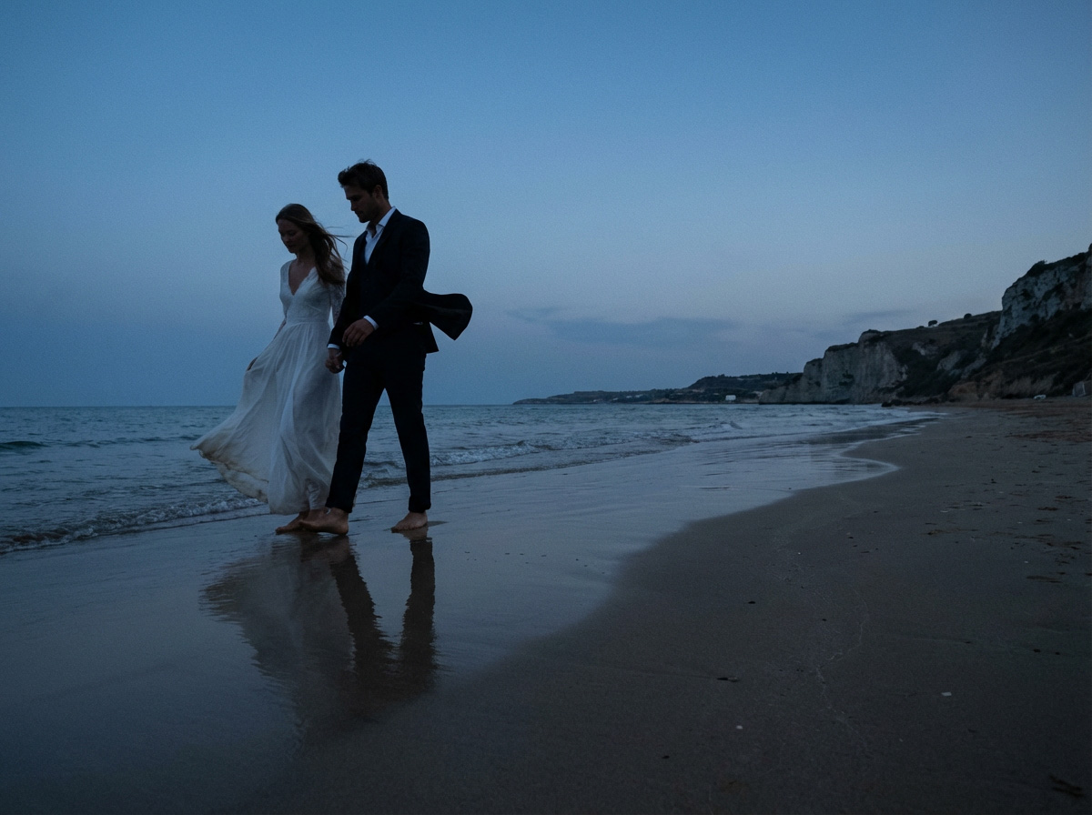 A couple walking on the beach in the evening