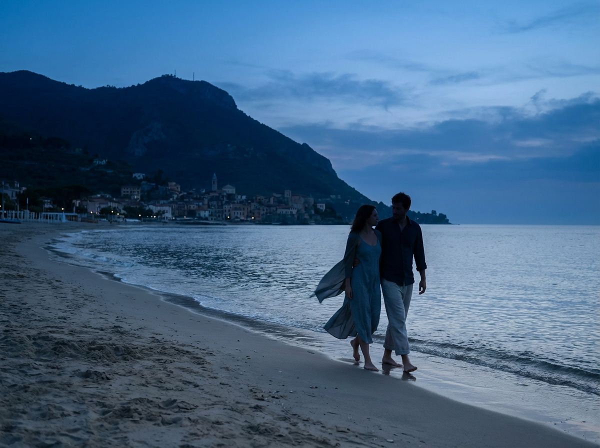 A couple walking on the beach in the evening