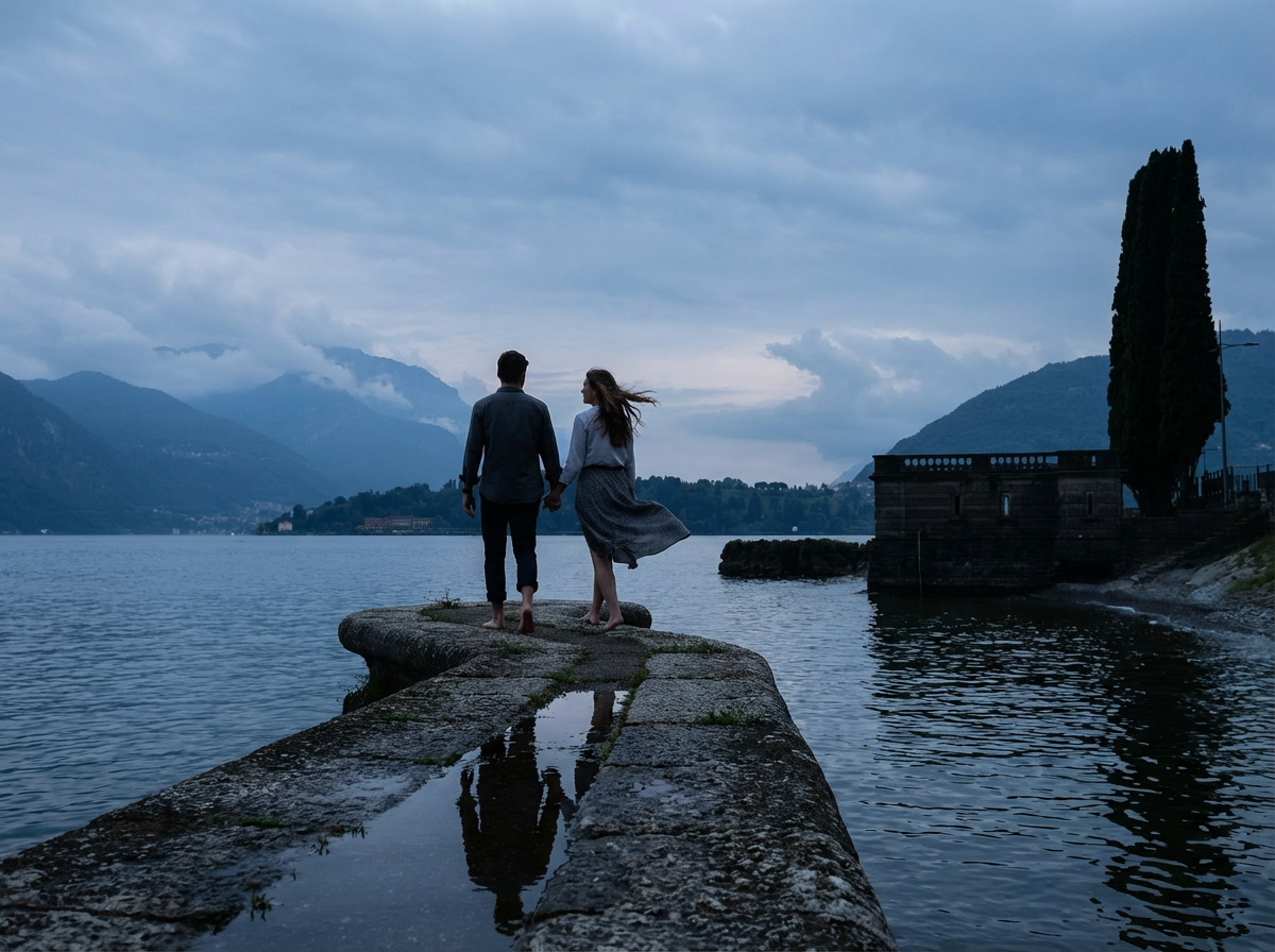 A couple in Como Lake in the evening