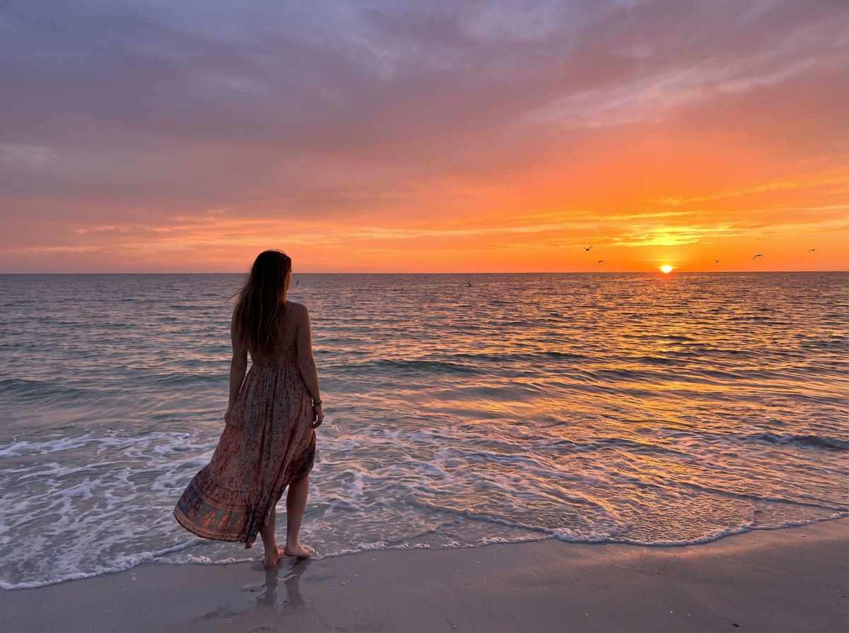 Woman on a Sicilian beach at sunset Woman on a Sicilian beach at sunset
