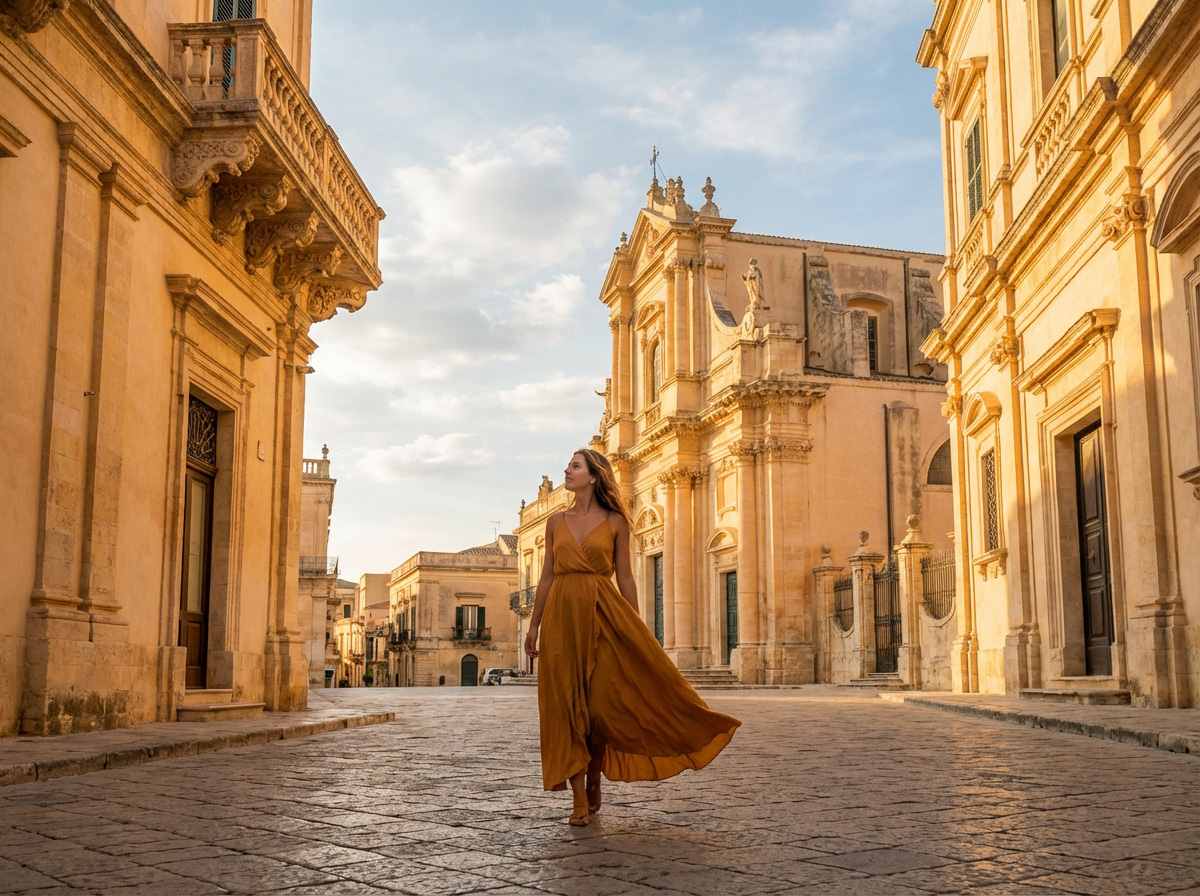 A woman walking through the streets of a characteristic Sicilian village A woman walking through the streets of a characteristic Sicilian village
