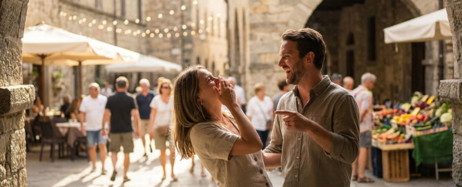 A couple laughs joyfully while strolling through an ancient Italian village