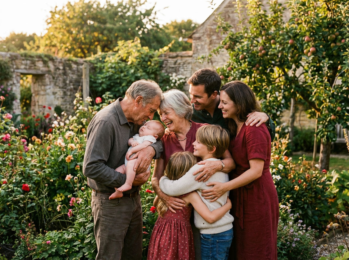 Portrait of grandparents, grandchildren,and-parents in the Sicilian countryside.